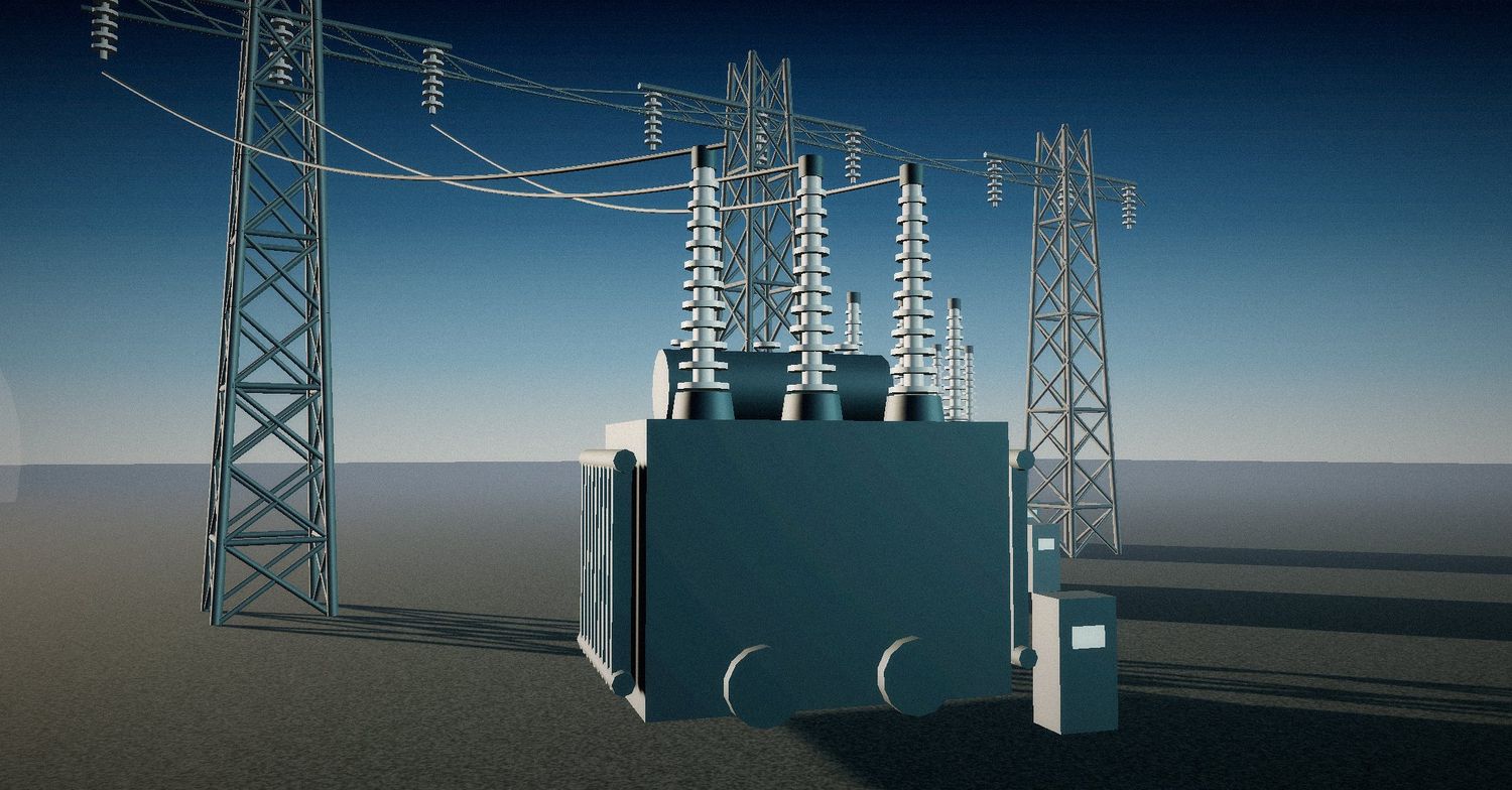 Transmission substation transformer bank at dusk