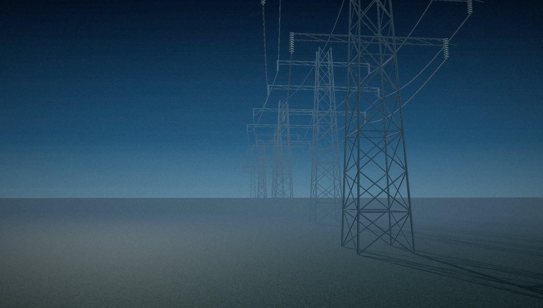 Transmission corridor in morning fog